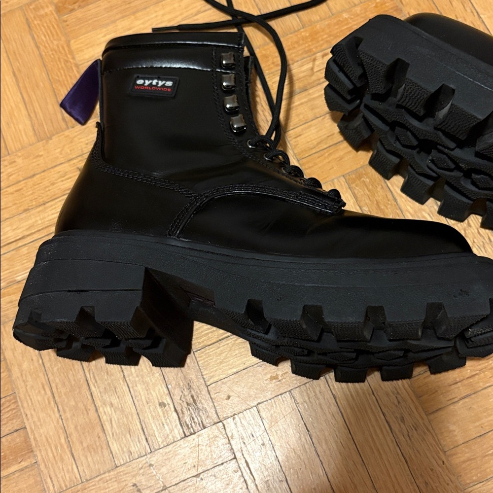 Eytys Black Leather Lace-Up Square-Toe Combat Boots - Picture 3 of 16